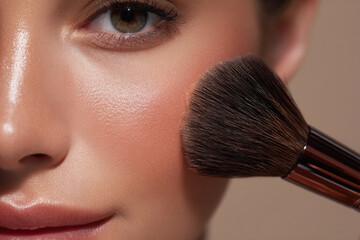 Close up face shot showcasing realistic luxury makeup brush applying blush on model cheek, highlighting smooth skin texture and natural beauty