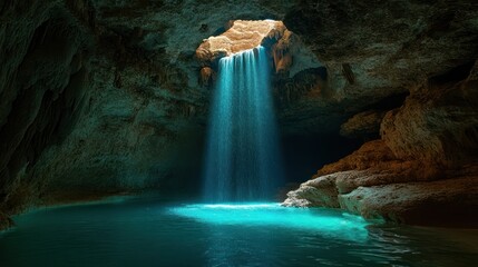 Naklejka premium Light shafts through a cave opening onto a turquoise waterpool, rocks visible