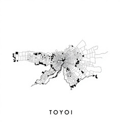 Minimalist black and white street map of toyoi japan showing city layout and river flowing through the center