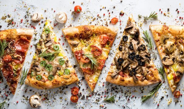 Different slices of pizza, each with various toppings, are arranged on a light surface sprinkled with herbs and spices.