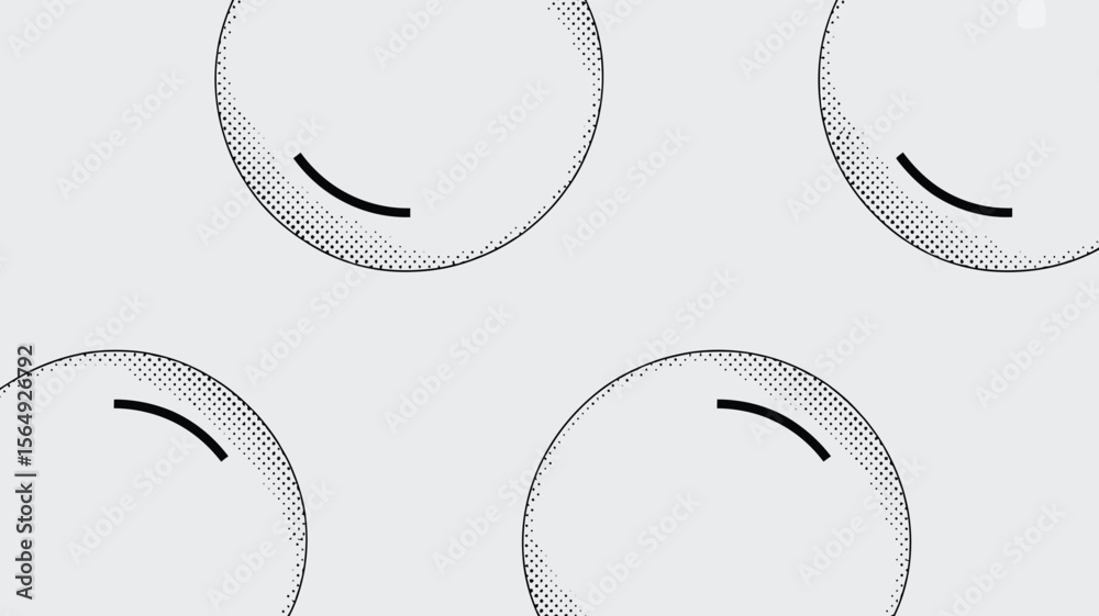 Poster a repeating pattern of circles with halftone edges and a curved line inside on a light gray backgrou