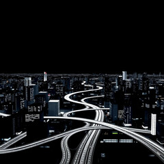 A night cityscape featuring illuminated highways winding through tall buildings under a dark sky above the city
