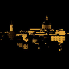 Silhouette of a city skyline at night with illuminated buildings and church domes in golden light