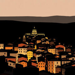 Nighttime view of a densely packed village with a large domed building in the background on a hill