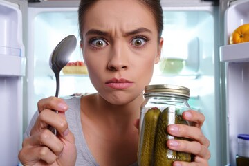 A woman with a frustrated expression searches the fridge for a snack or meal.