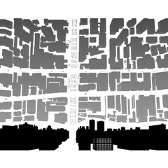 Aerial view of a city with buildings in gray and black showing street grid and building structures