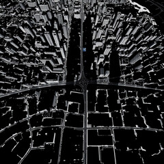 Aerial view of a dense cityscape with tall buildings and intricate road networks in monochrome style image