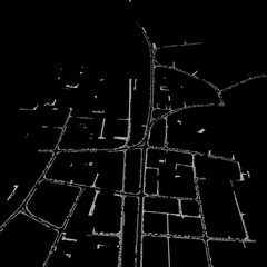 Aerial view of city street grid with buildings and roads in black and white color scheme design layout