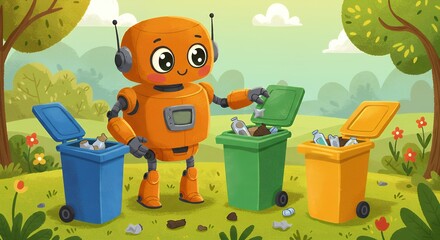 Robot throwing garbage into recycling bins
