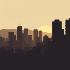 Silhouette of a city skyline with tall buildings against a warm sunset and distant mountains view