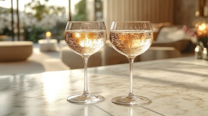 Pair of sparkling coupes on white marble slab, elegant upscale layout