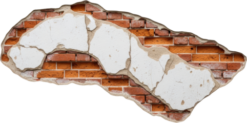 Fragment of a weathered brick wall with old cracked white plaster peeling off revealing a distressed red masonry surface