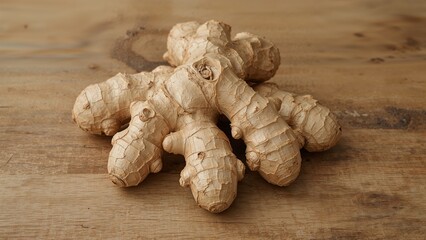 Fototapeta premium Fresh raw ginger roots on rustic wooden table