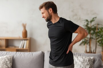 Young man with back pain at home, living room background. copy space for text