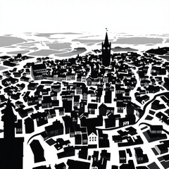 A monochrome aerial view of a dense cityscape with a prominent clock tower and distant bodies of water