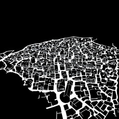 Aerial view of a dense urban area with numerous buildings in black and white monochrome style design