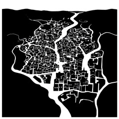 Stylized black and white map depicting a dense urban area with a river running through it and mountains