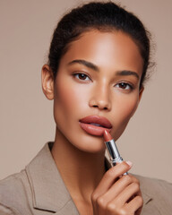 Woman applying lipstick with confident expression, showcasing natural makeup look. soft lighting highlights her features and warm tones of lipstick