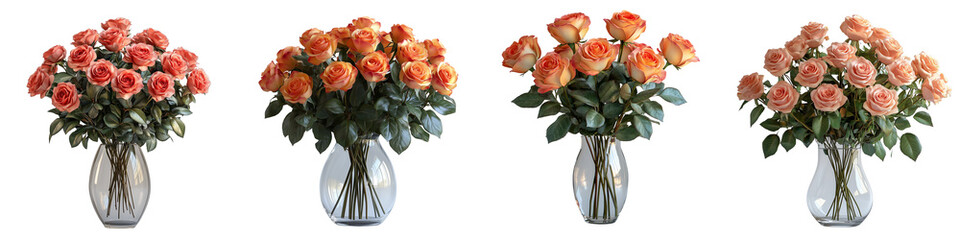 Bouquet of realistic red roses isolated in a glass vase on a transparent background