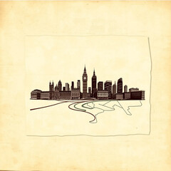 Illustration of a london cityscape with the thames river on a textured background with torn edges effect