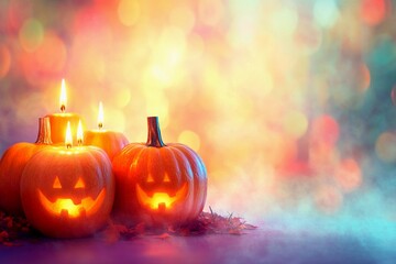 Candle lit Halloween pumpkins glowing in vibrant colors with empty space for festive greetings