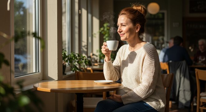 A person enjoying a morning cup of coffee, sitting alone at a table