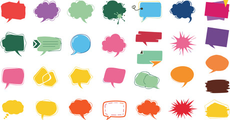 Colorful speech bubble, label, banner, comic burst, and sticker collection for design, pop art, web graphics, comics, and marketing. 