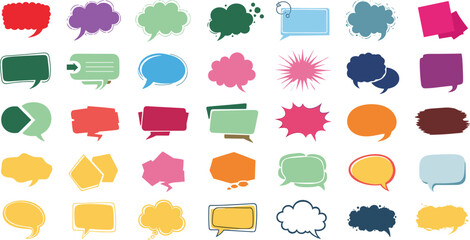 Colorful speech bubble, label, banner, comic burst, and sticker collection for design, pop art, web graphics, comics, and marketing. 