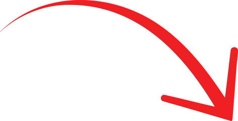 Curved Trajectory A Red Arrow Arcing Downward to the Right on a Transparent Backdrop Illustrating Descent and Directional Change for Dynamic Visuals