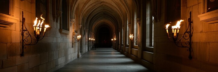 Fototapeta premium Dimly Lit Medieval Hallway with Ornate Wall Sconces and Firelight Glow