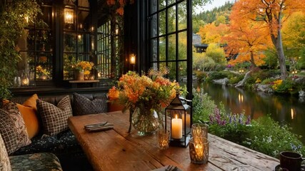 Elegant dining by the river, cozy ambiance in a charming riverside restaurant