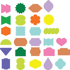 A colorful label sticker set in various shapes for planners, packaging, scrapbooking, journaling, and decoration. Great for digital designs, printables, and office or classroom use. Editable vector.