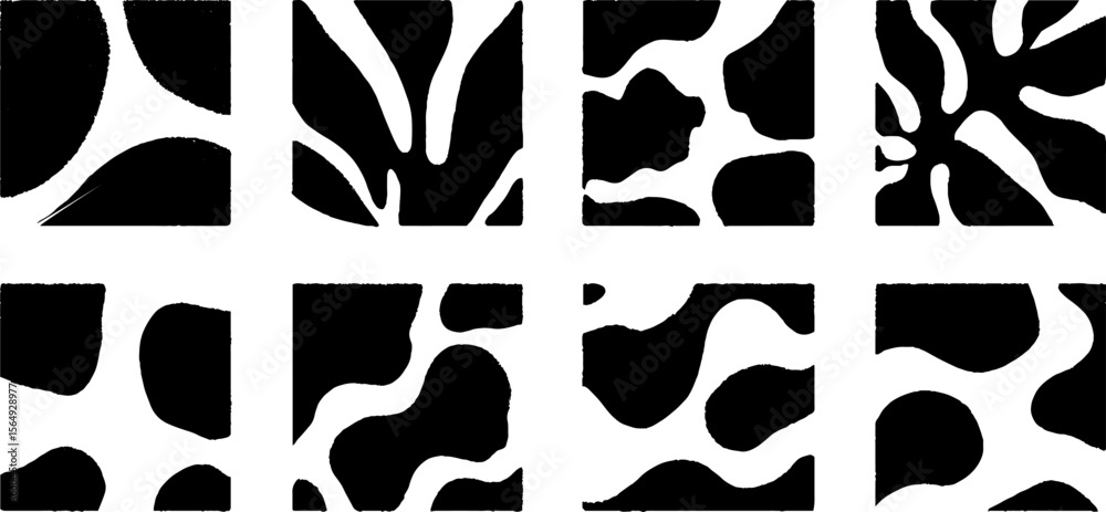 Poster abstract black brush patterns in organic tile arrangements for modern design