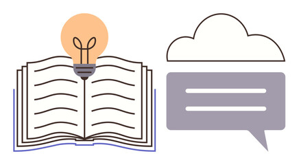 Open book with glowing lightbulb, cloud-shaped speech bubble. Ideal for education, learning, creativity, ideas, innovation, communication brainstorming. Minimalist simple flat metaphor