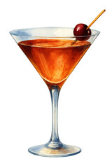 Watercolor illustration of a cocktail in a martini glass with a red cherry garnish. Stylized in warm tones, ideal for bar menu design, cocktail party visuals, and summer events