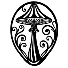 Mushroom with decorative swirls in oval frame. Black and white vector illustration isolated on white background. Botanical mushroom and nature ornament concept for tattoo and print design. 
