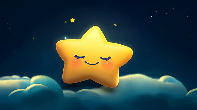 A cheerful star with a smiling face resting on fluffy clouds under a starry night sky