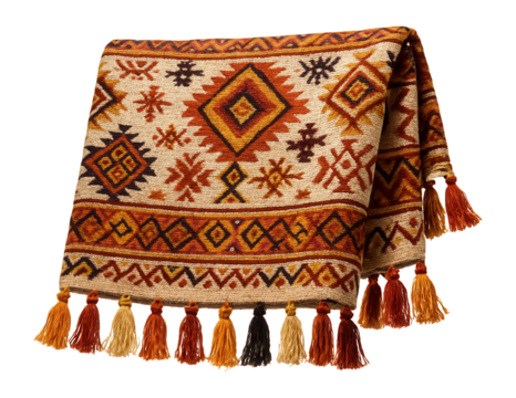 Moroccan-inspired decorative blanket with bold tribal prints, suitable for an eclectic touch in a studio apartment.