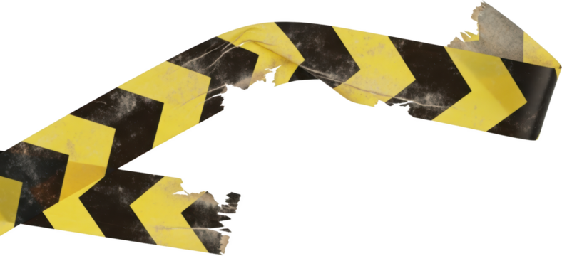 Dirty crumpled yellow and black hazard tape featuring a distinctive chevron pattern with torn edges and a transparent