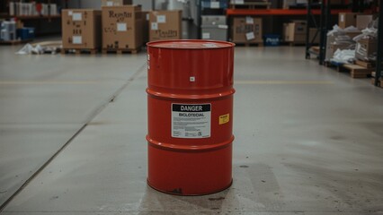 Naklejka premium Red metal barrel on concrete warehouse floor