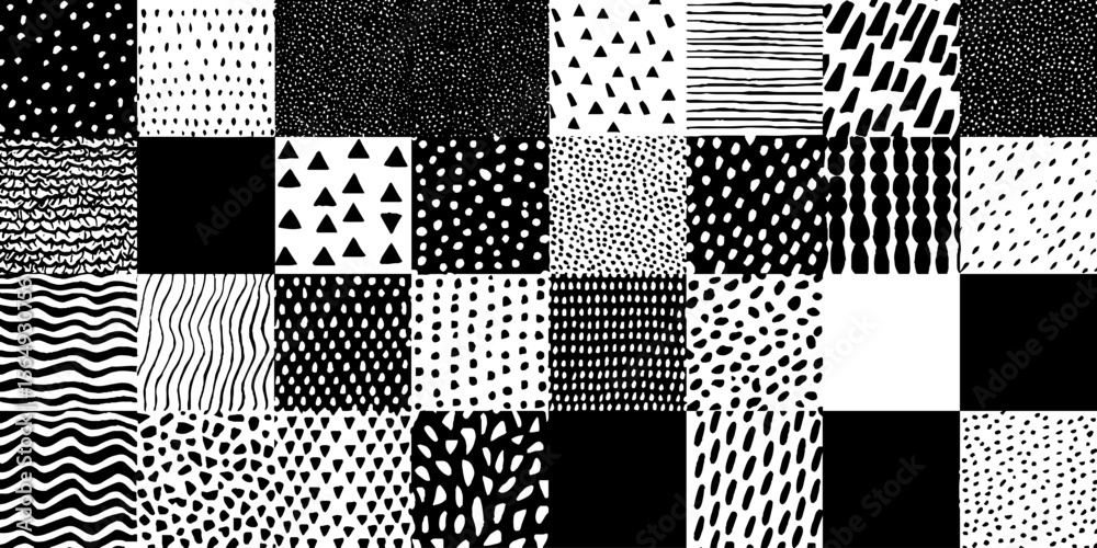 Poster seamless collection of hand drawn black and white patterns for design and decoration