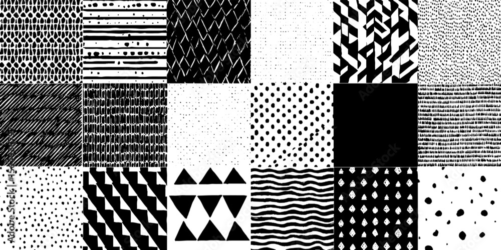 Aufkleber monochrome hand-drawn seamless patterns collection for creative design projects