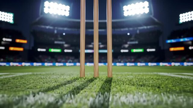 Cricket stadium night scene from wicket view with animated grass, lights, and subtle motion