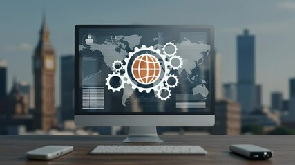 A computer monitor displays a global network interface with interconnected gears and world map graphic elements. Blurred cityscape background - Powered by Adobe