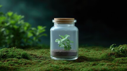 Fresh Green Plant Growing Inside Glass Jar on Mossy Surface