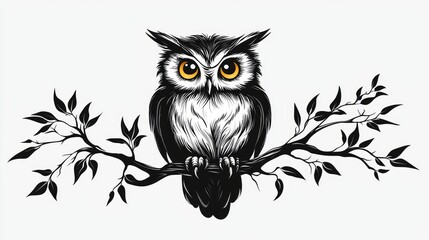 Obraz premium Detailed black and white illustration of an owl perched on a branch.