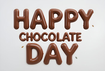 Happy chocolate day text formed from chocolate candy on a white background with small leaf accents