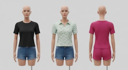 Three mannequins displaying different colored t-shirts and shorts, showcasing clothing designs.