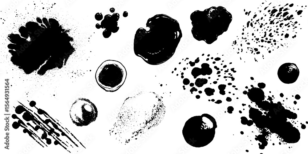 Poster abstract collection of chaotic black ink splatters and droplets for creative design
