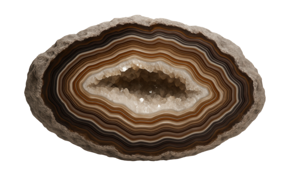 Banded agate geode with concentric layers and hollow center